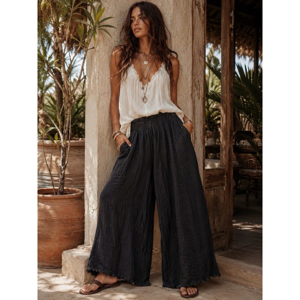 IKIKIZ Pokoloko Black Crinkle Gauze Cotton Palazzo Wide Leg Pants OS Coastal